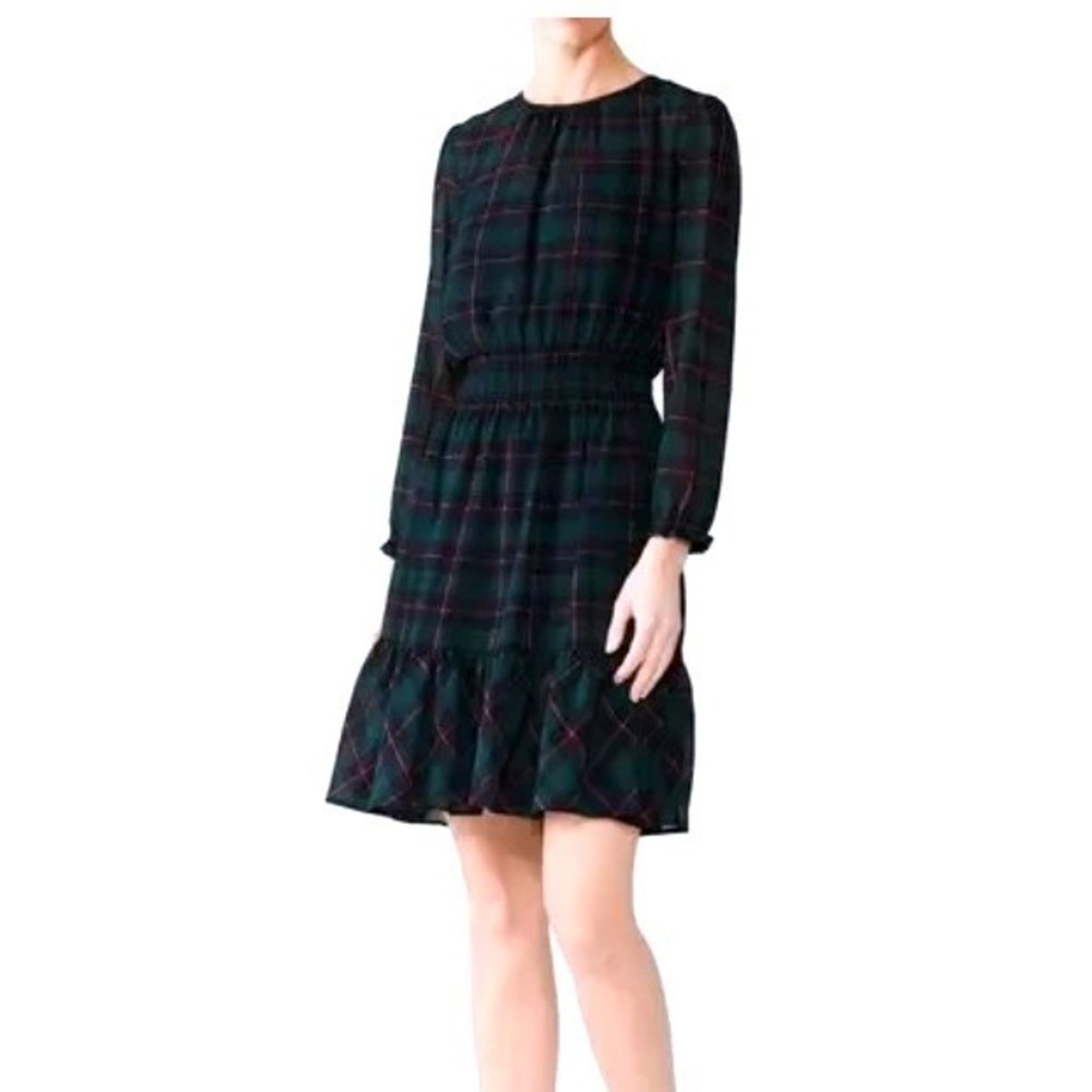 J.‎ Crew Womens Dress Size S Green Plaid Long Sleeve Tiered Midi
